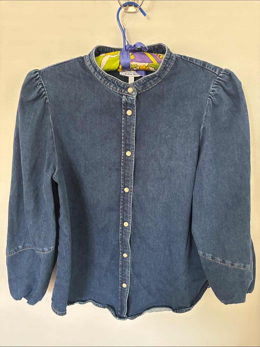 & other stories denim shirt,snap buttons. stand up collar, puff sleeves, size 8
